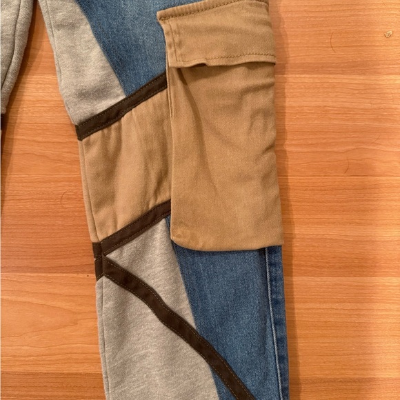 AKIRA Blue and Tan Patchwork Hybrid Jeans Cargo Pockets Jogger Cuff Hem Large - Picture 8 of 14